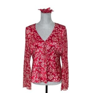 INC Y2K Blouse Flare Sleeve Whimsigoth Boho Silk Red Floral Fairy Size 8